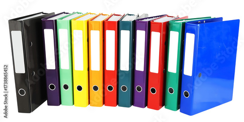 A row of colorful ring binders some black purple green yellow orange red teal and blue with white label spaces