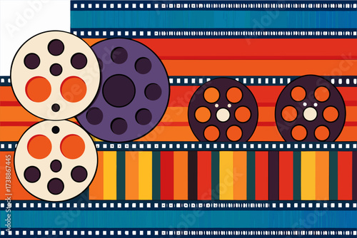 Vibrant Retro Film Reels and Strips Illustration for Creative Media Projects