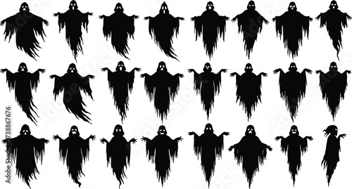 Scary ghost silhouettes collection for Halloween decoration, spooky haunted spirit design, creepy phantom shadow illustration, horror night costume character, mystery figure.Scary ghost silhouettes 