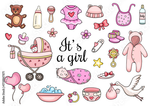 Pink baby shower graphics featuring a teddy bear stroller and text Its a girl