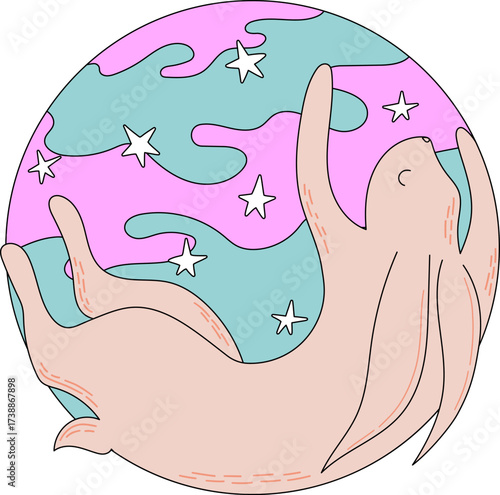 Pink creature with many arms floats among stars and colorful shapes