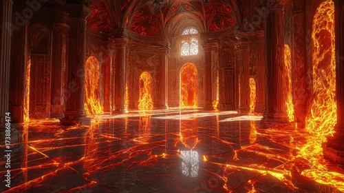 Wallpaper Mural Grand Fiery Temple of Molten Lava and Ancient Pillars with Glowing Arches and Reflective Floor Torontodigital.ca