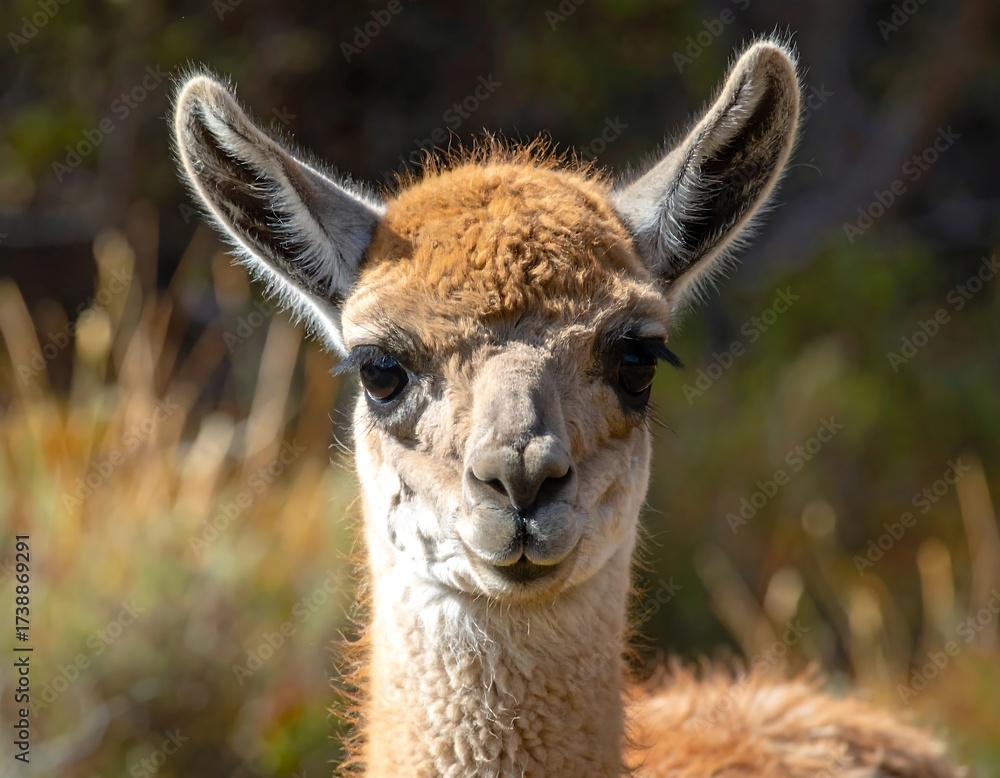 Fototapeta premium Close-up of a llama: a charming portrait in natural light, outdoor setting