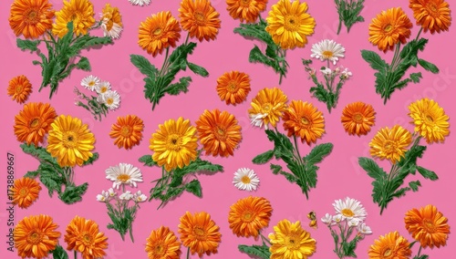A flat lay of numerous colorful flowers, orange & yellow daisies and white daisies, on pink background