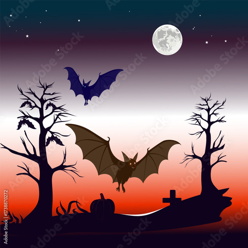 A spooky and eerie Halloween night scene featuring bats flying under a full moon and stars. The foreground is a silhouette of a graveyard with bare, gnarled trees