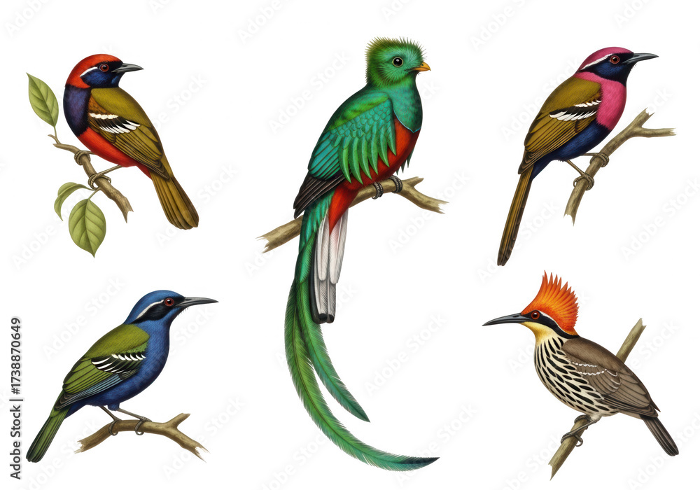 Obraz premium Five Colorful Tropical Birds Perched On Branches Against Black Background exotic isolated on a transparent background