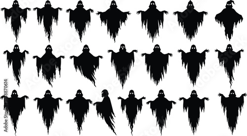 Set of spooky ghost silhouettes for Halloween decoration, scary haunted spirit illustration, creepy horror night character, phantom shadow, mystery 