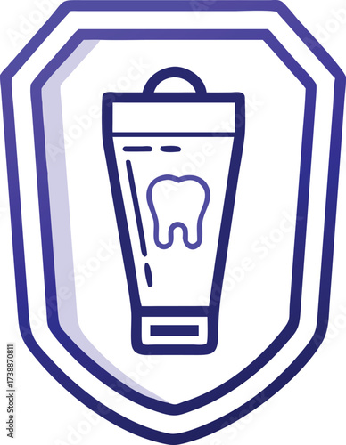 Blue outline toothpaste tube with tooth inside shield badge on white background dental hygiene
