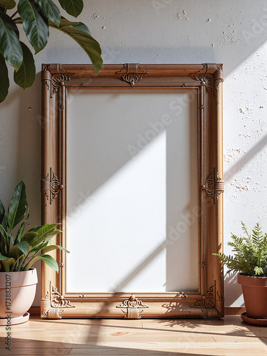 A blank wooden frame enhances cozy, natural vibes in Scandinavian interiors.