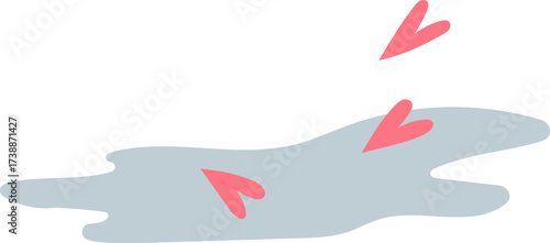 Pink hearts float in a puddle on a white background