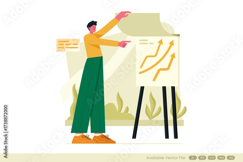 Presentation with a person pointing at a chart on an easel