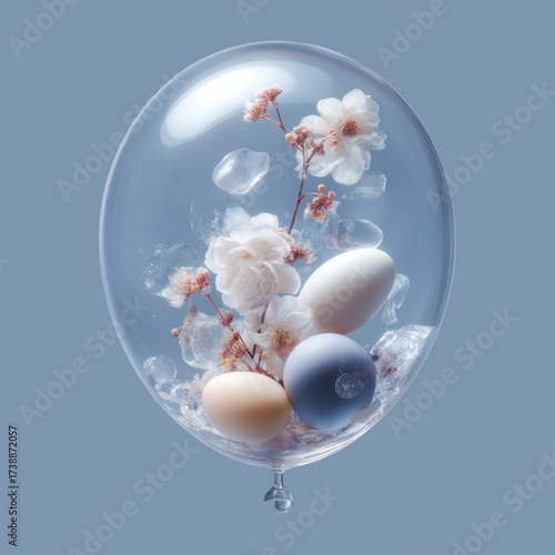 An oval, clear balloon contains eggs, blossoms, and ice cubes, suspended against a blue backdrop