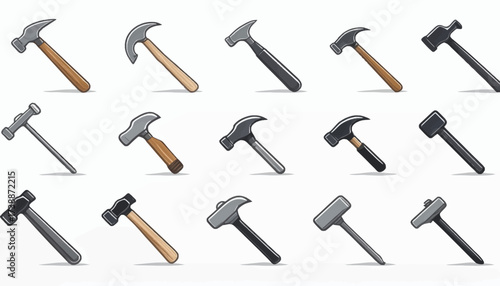 Collection of various hammers and tools in different designs and colors.