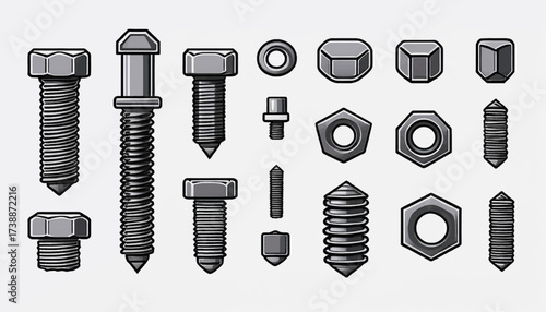 A collection of various metal screws, bolts, nuts, and fasteners illustrated in a detailed, monochrome graphic style.