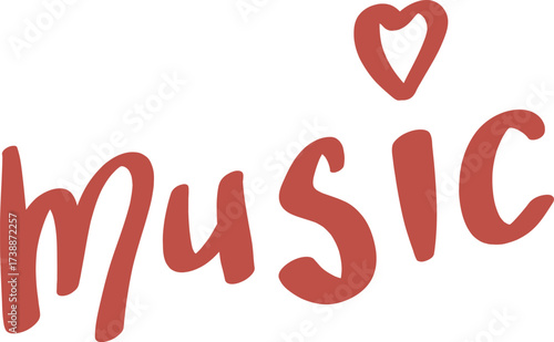 Red cursive text that spells music with a red heart above the u