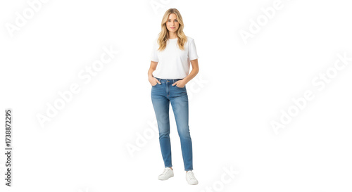 Woman in White T- Shirt and Blue Jeans Standing on Black Background female person isolated on a transparent background