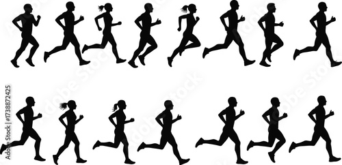 Silhouette group of people jogging, men and women running together, outdoor fitness activity, healthy lifestyle exercise, marathon training sport illustration