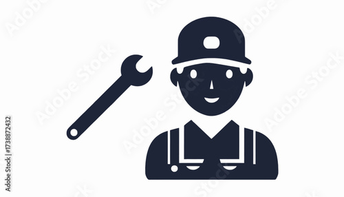 Simple vector graphic of a smiling mechanic with a wrench.