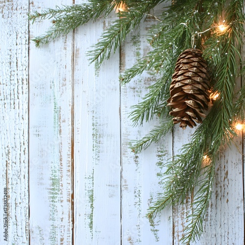 Rustic Christmas Background Pine Cone Lights Wooden Texture