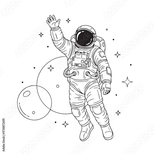 A Spacewalking Astronaut Illustration in a Galaxy with Planets and Stars