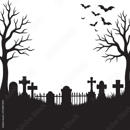 Black silhouette cemetery scene with bare trees and bats
