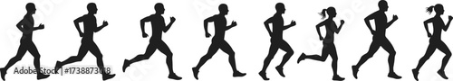 Silhouette group of runners, men and women jogging, outdoor fitness activity, healthy lifestyle exercise, sport training, marathon running illustration