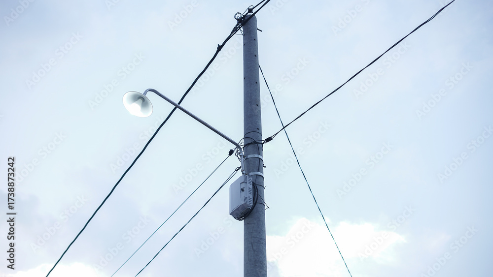 custom made wallpaper toronto digitalUtility Pole with Glowing Street Light and Wires Against Blue Sky