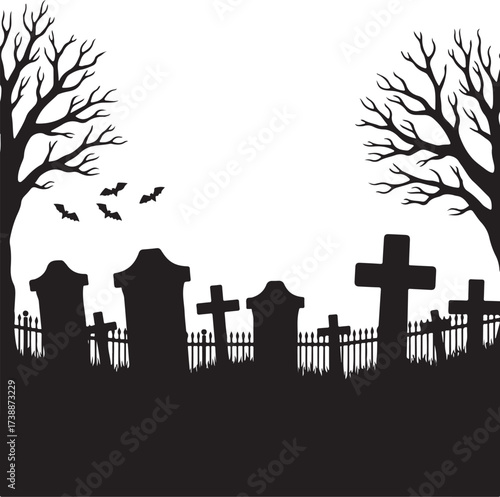 Black silhouette cemetery with bare trees and bats