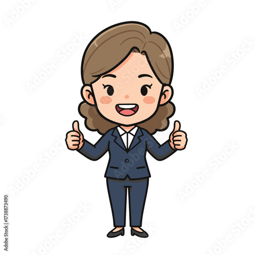 Cartoon woman in dark blue suit giving two thumbs up, smiling confidently on white background.