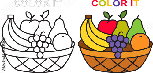 Coloring page fun basket of fruits apples bananas grapes pears oranges and more
