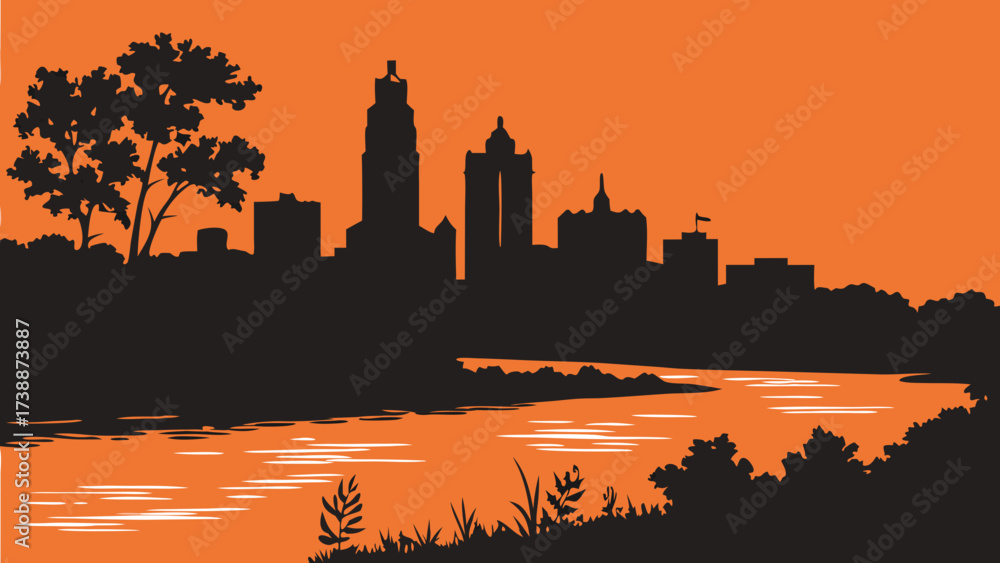 Fototapeta premium Kansas city skyline with river plants on a vibrant orange background, ideal for travel brochures, city guides, and website banners.