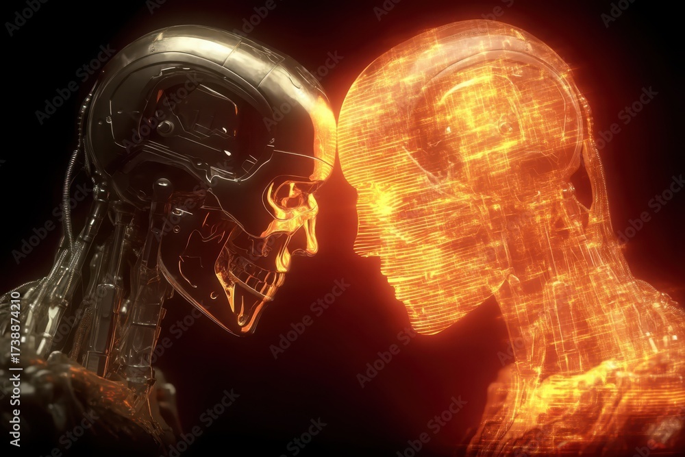 Obraz premium Futuristic metallic robot head facing glowing orange holographic AI, representing artificial intelligence and human interaction.