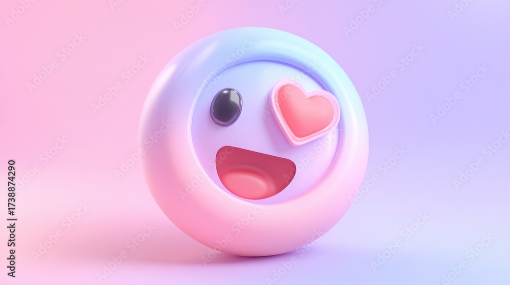 Fototapeta premium Joyful emoji with heart eye and blushing cheeks on a soft pastel pink and purple gradient background.