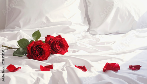 Single red rose lying gracefully on a bed of silky white sheets with copy space for romantic messages