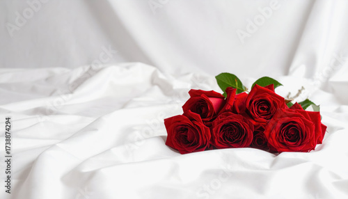 Beautiful bunch of red roses scattered elegantly on silky white sheets with copy space for romantic text