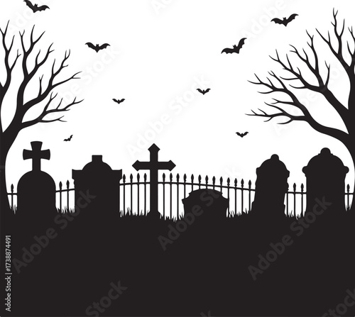 Black silhouette graveyard with bats and bare trees