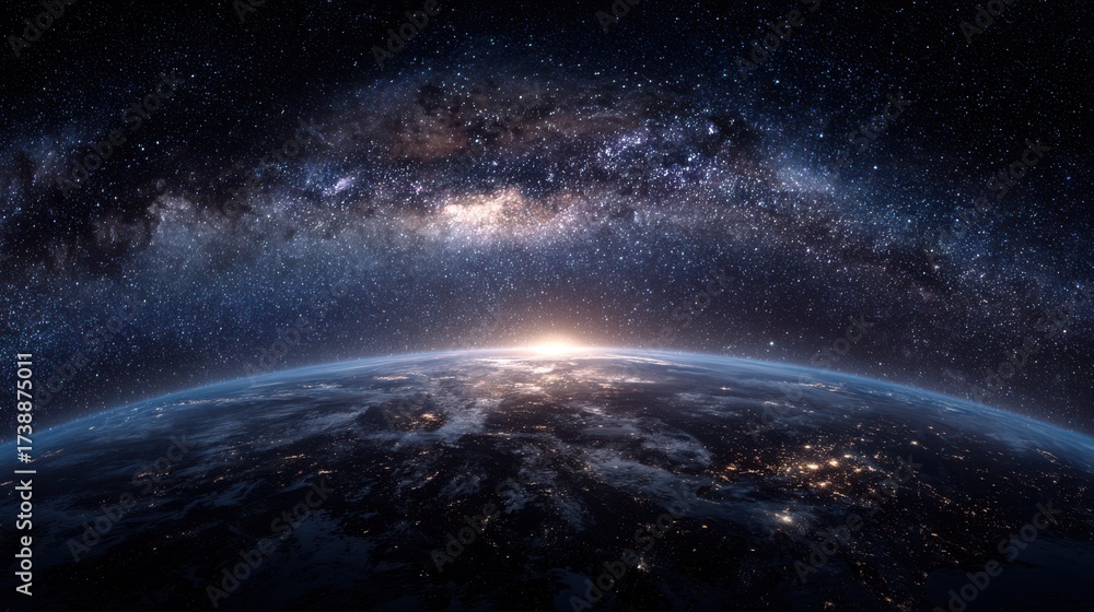 Fototapeta premium Sunrise over Earth from space with galaxy and stars, representing global connection and cosmic wonder.