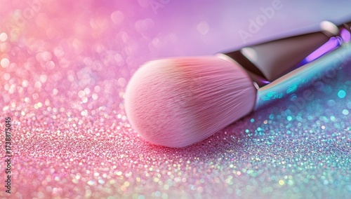 Close-up of a pink makeup brush on a glittery, pastel background (1)