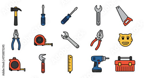 Hand drawn colorful workshop tool icon set illustration.