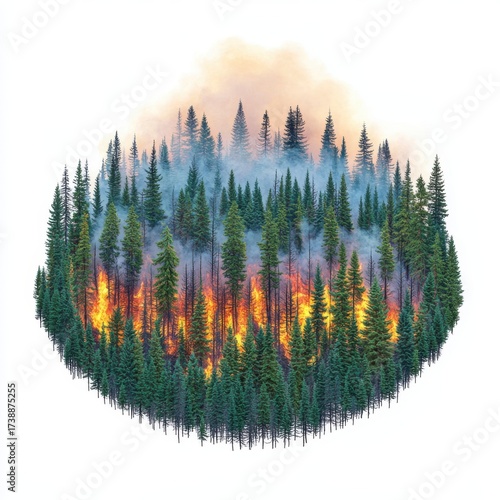 Forest Fire Burning Among Pine Trees in Circular Design Aesthetic