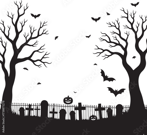 Black silhouette Halloween graveyard with bare trees and bats