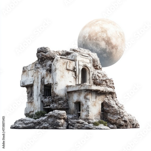 Abandoned Structure with Crumbling Walls Under a Large Moon