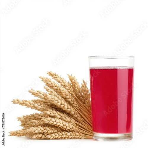 Fresh Red Beverage with Wheat Decor on White Background