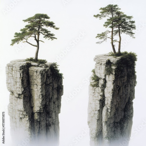 Majestic Trees Growing on Isolated Rock Formations in Foggy Landscape