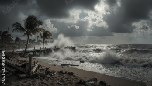 Stormy waves crash on a damaged beach pier, with palm trees and debris