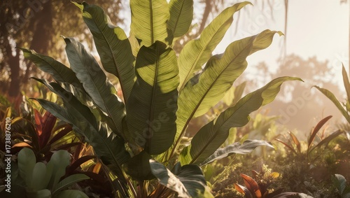 Lush tropical foliage bathed in golden sunlight
