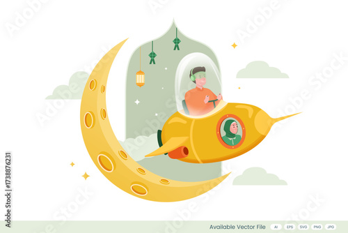Rockets fly past a crescent moon carrying two people in Islamic attire with lanterns and ketupats