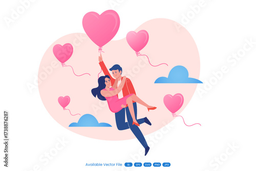 Romantic couple with heart balloons floating in the sky