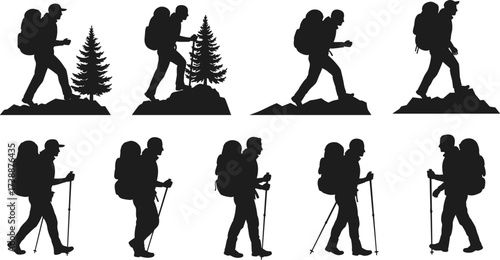 Silhouette hikers with backpacks and trekking poles walking in nature, outdoor adventure, mountain climbing, wilderness exploration, hiking journey, camping illustration