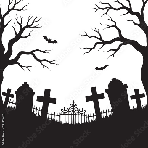 Black silhouette of a spooky graveyard with bare trees and bats